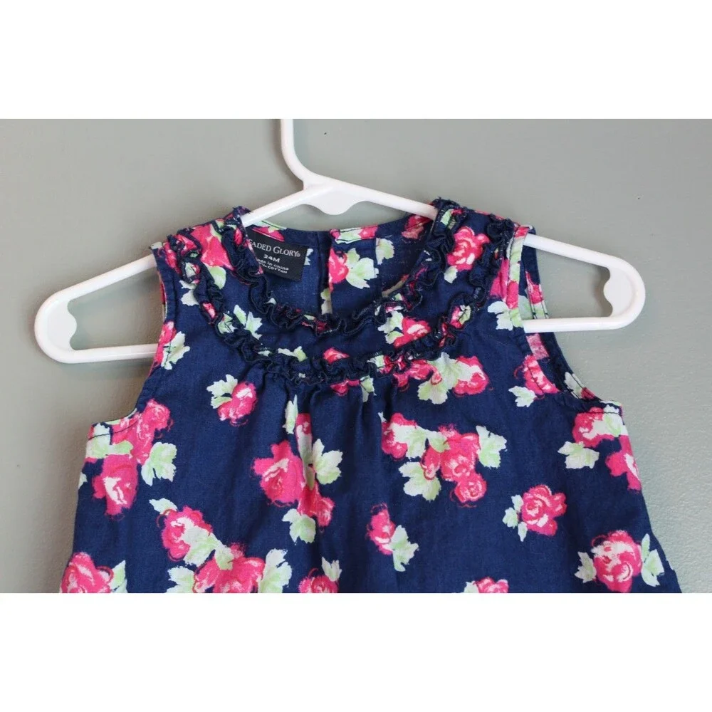 Faded Glory Baby Toddler Dress Navy Blue Pink Rose Sleeveless Size 24M